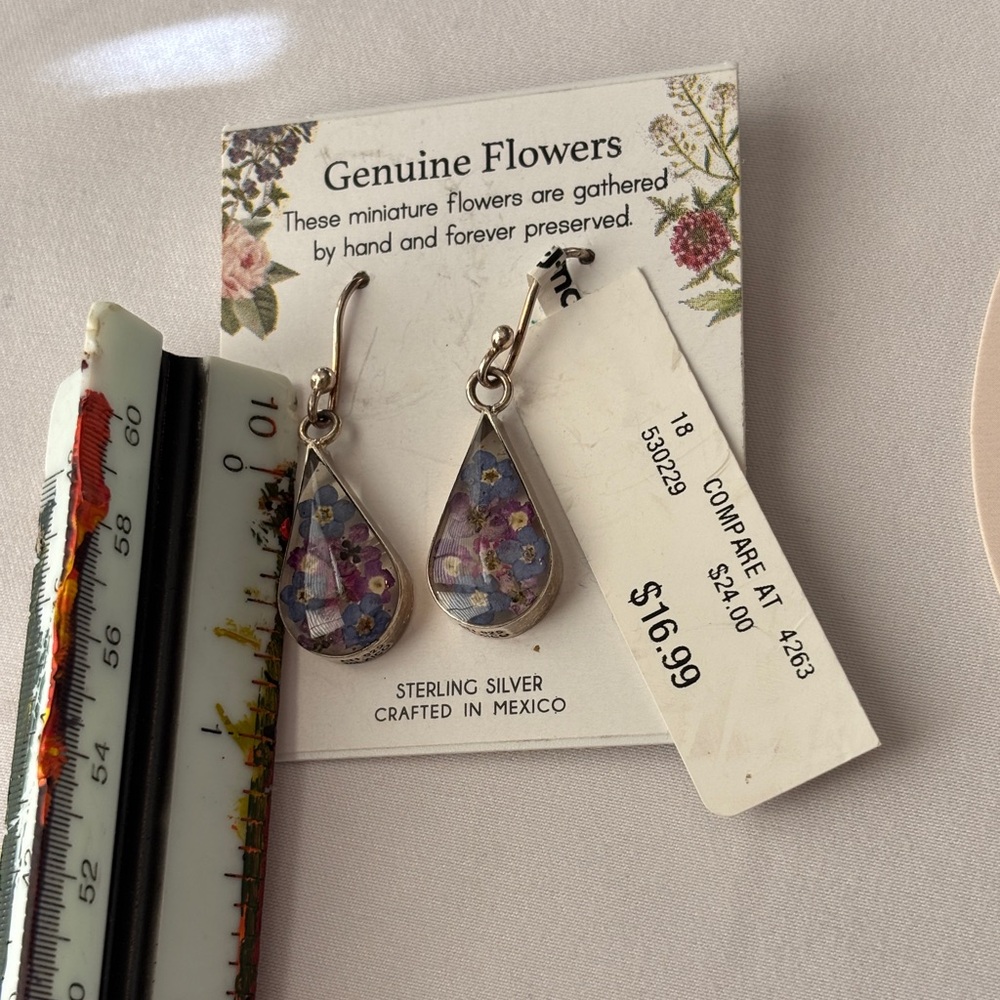 Sterling Silver Flower Earrings Dangling with Teardrop Pendants Women’s OS New - Picture 5 of 5